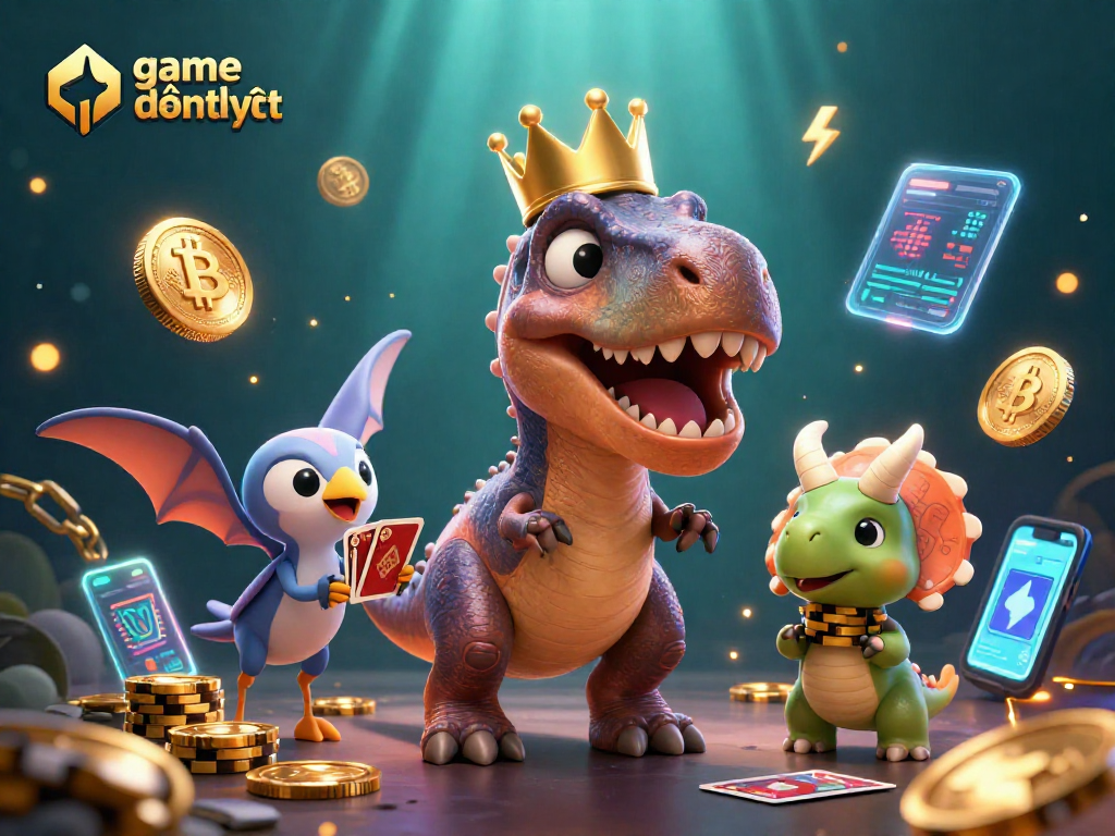 Engage in exciting gameplay with game đổi thưởng uy tín featuring vibrant crypto elements and friendly dinosaur characters.
