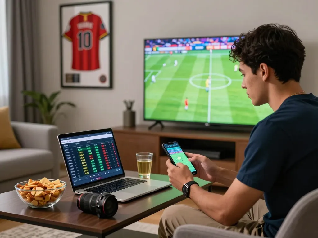 Engaged sports bettor using the 1gom app while watching a live football match.