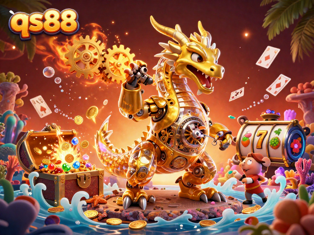 Engage in thrilling gameplay with qs88's vibrant 3D casino scene featuring a mechanical dragon.