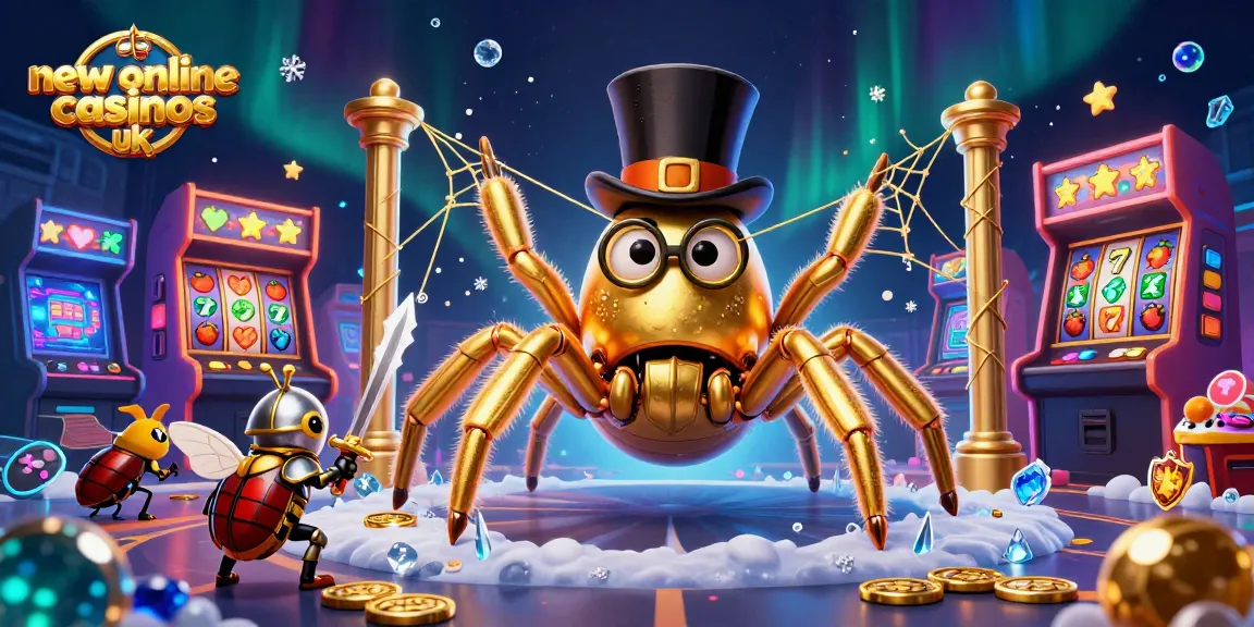 Discover new online casinos UK with giant golden tarantula and beetle knight in a vibrant casino realm.
