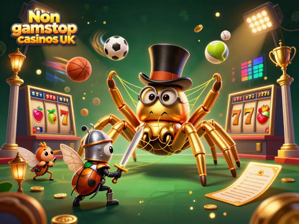 Join the excitement at Non gamstop casinos UK with a magical 3D casino scene featuring a golden tarantula and enchanted characters.