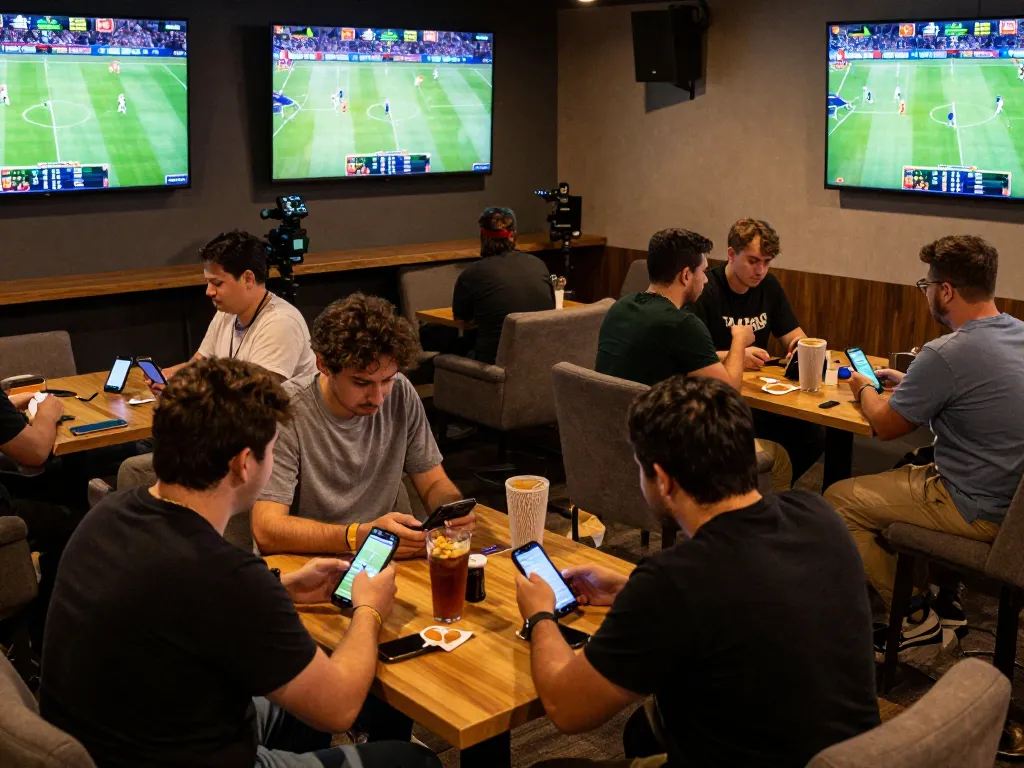 VK88 sports betting lounge with excited fans placing bets and discussing strategies