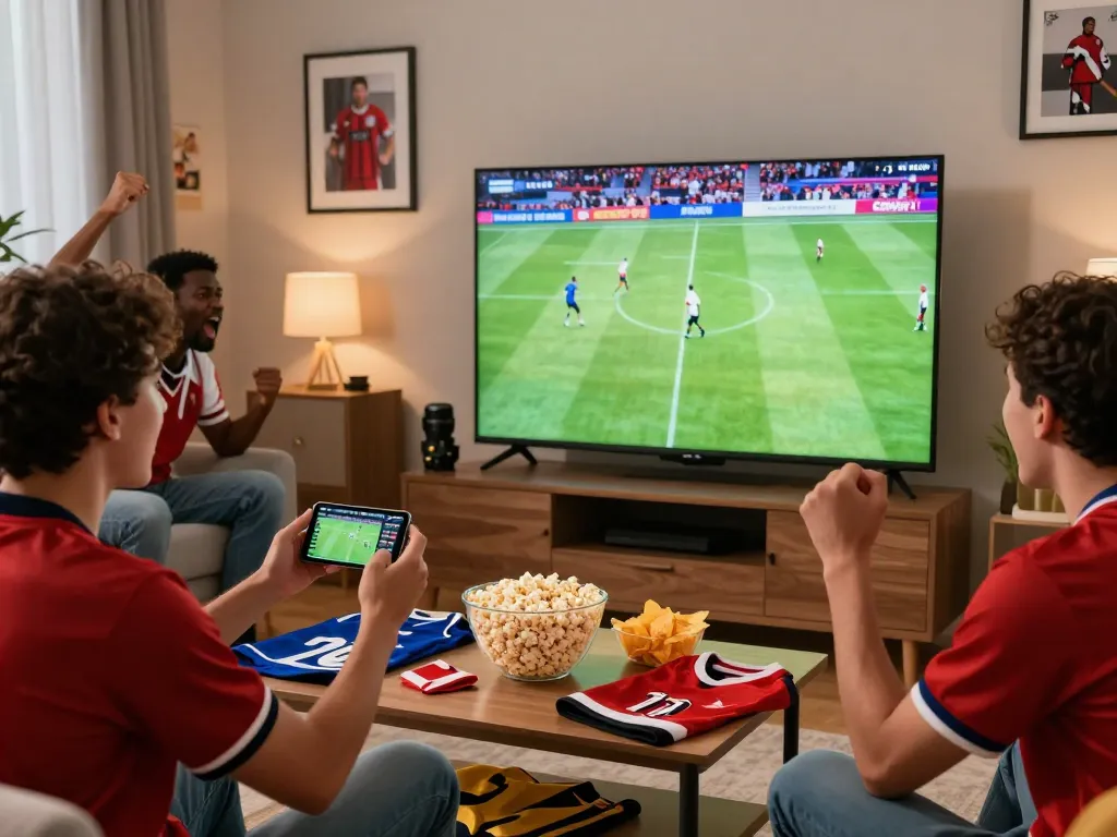 Cakhia TV football streaming scene with friends cheering in a festive living room during a match.