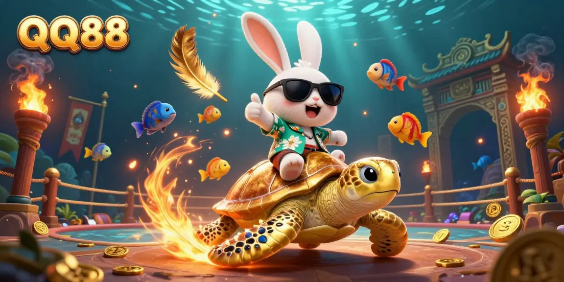 Engage in QQ88’s exciting casino adventures with a lucky rabbit and golden turtle amidst vibrant underwater elements.