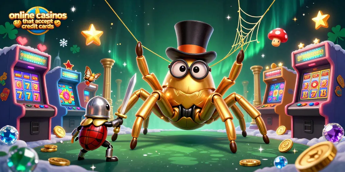 Experience the excitement of online casinos that accept credit cards with a whimsical 3D scene featuring a golden tarantula and beetle knight.