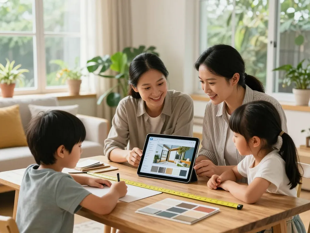 Engaged family using a veranda configurator on a tablet to design their dream outdoor space.