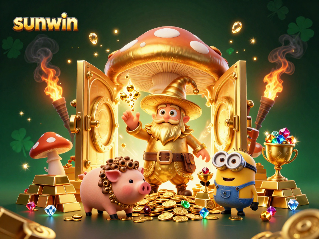 Join the adventure with sunwin as the golden mushroom wizard casts riches amidst a vibrant casino celebration.