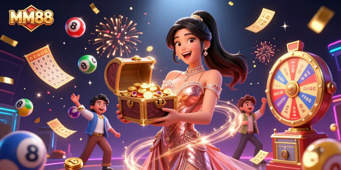 Experience the excitement of MM88 with vibrant lottery elements and dazzling treasures.