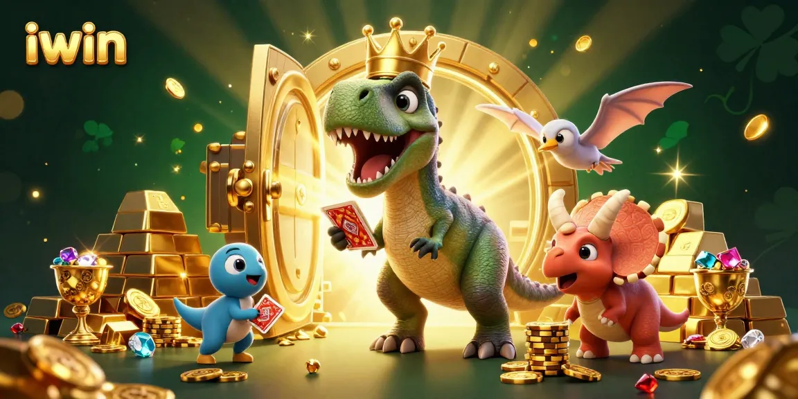 Experience the excitement of iwin as a T-Rex shuffles cards surrounded by gold and jewels.