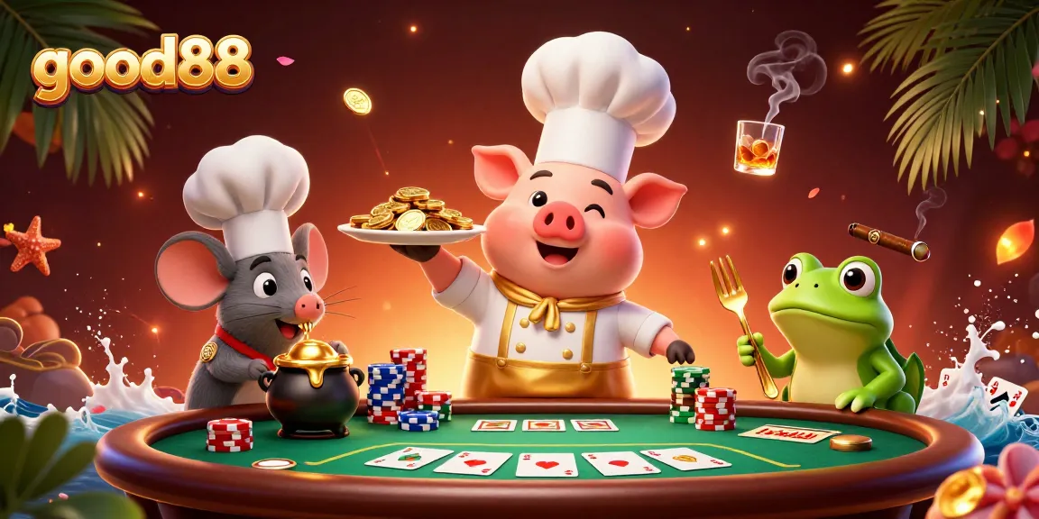 Win big at good88 with a vibrant illustration of a cheerful chef pig serving gold coins surrounded by poker chips.