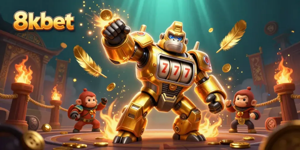 Experience thrilling gaming with 8xbet's golden gorilla mech in an explosive casino battle.