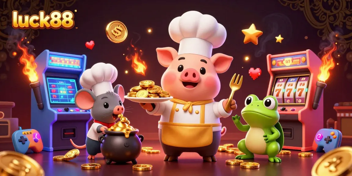 Luck88 players enjoy a vibrant casino scene featuring gold coins, 3D characters, and classic game elements.