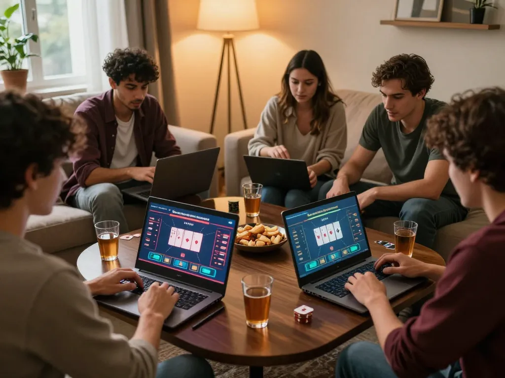 LC88 players strategizing during an online poker game in a cozy home setting