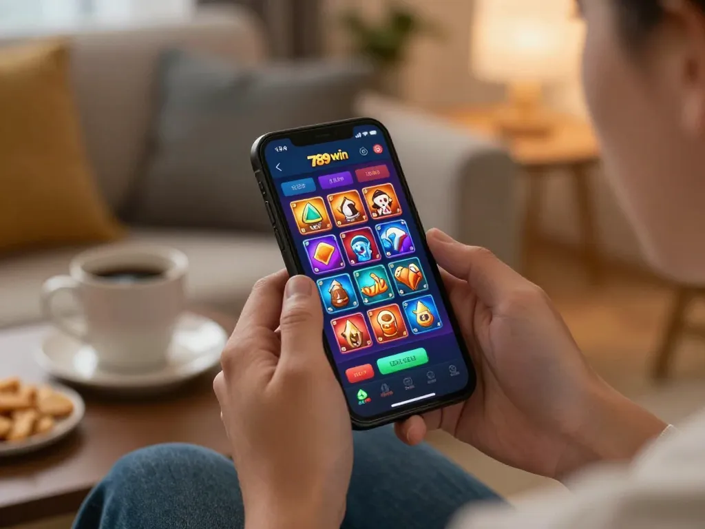 Engaging user plays 789 win on smartphone during evening gaming session, showcasing a dynamic online casino experience.