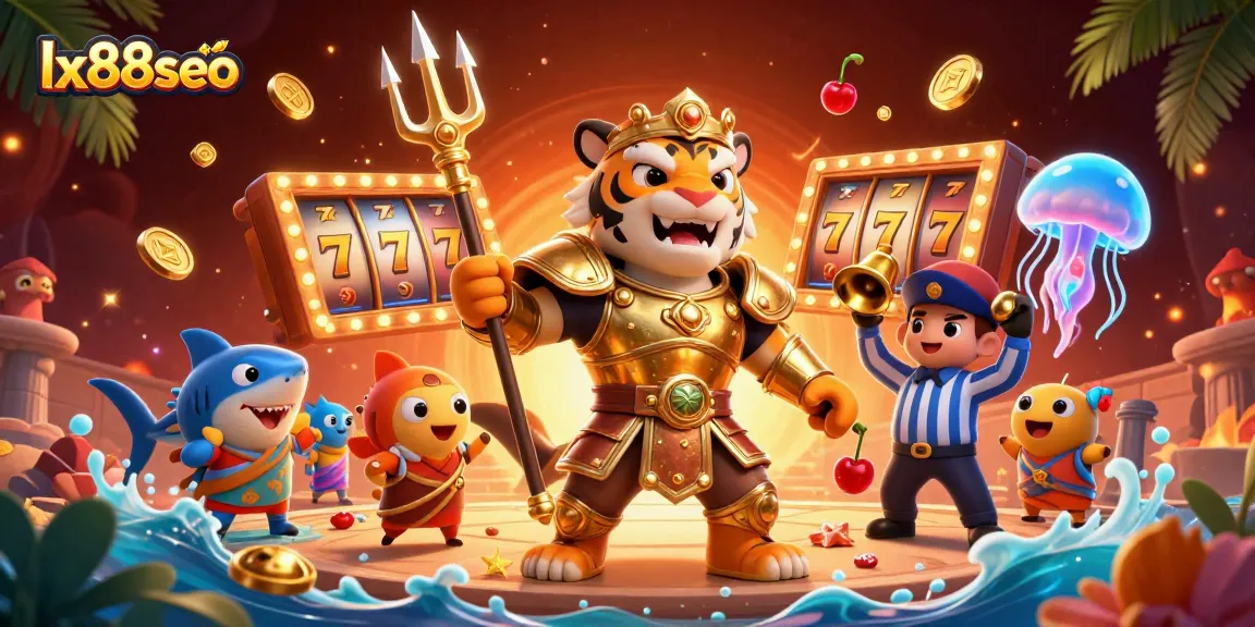 Experience thrilling gameplay with LX88SEO, where a golden gladiator shark wields a trident in an exciting underwater casino scene.