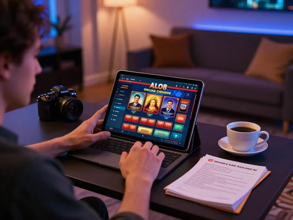 Player using the ALO8 app on a tablet in a cozy home setting, engaged in online gaming.