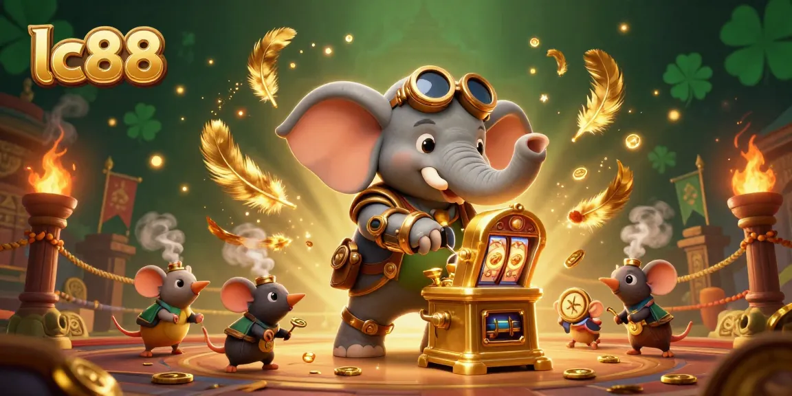 lc88 offers exciting slot adventures with a steampunk elephant engineer operating a golden slot machine.