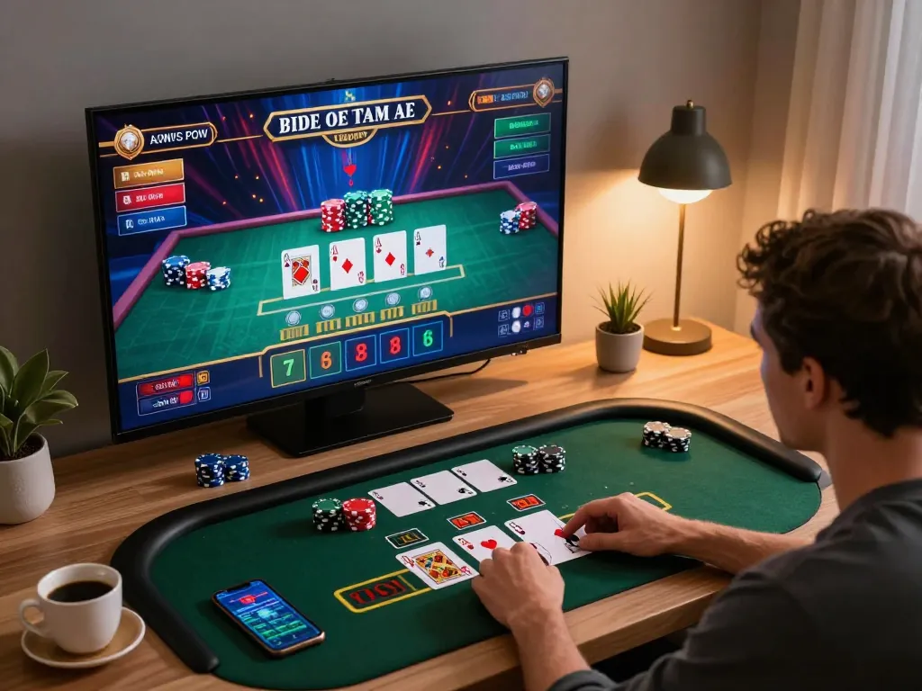 Engaged player enjoying NK88 live dealer blackjack on a laptop in a stylish home office.