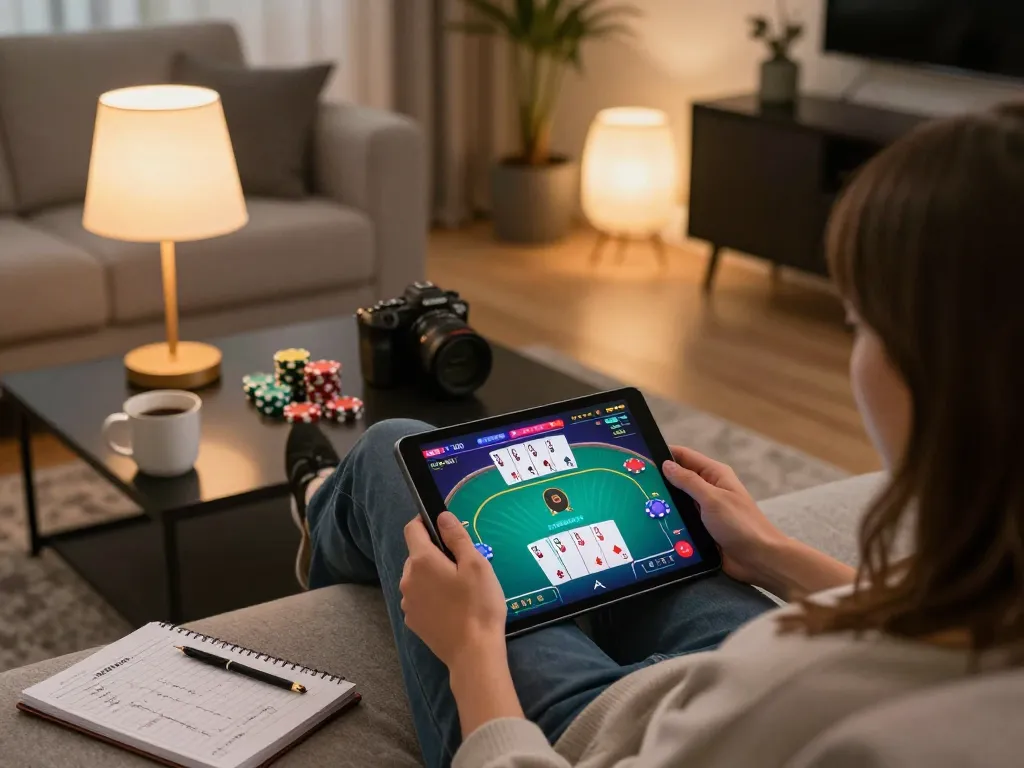 ONE88 player enjoying a relaxed online gaming session with poker on tablet