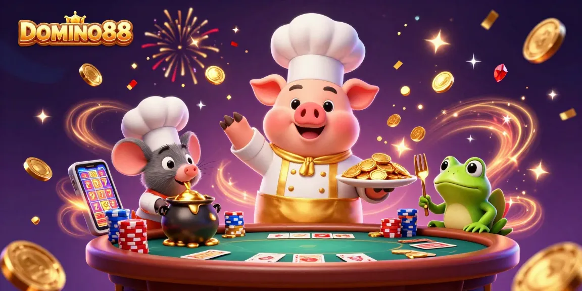 Experience excitement with DOMINO88 as our chef pig presents gold coins in a lively casino scene.