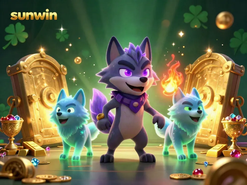 Experience the vibrant excitement of sunwin gaming with treasure vaults and dynamic wolf characters.