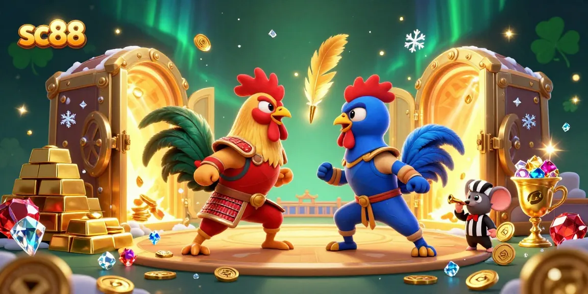 Witness the epic "sc88" standoff between fighting roosters with a referee in a vibrant casino setting.