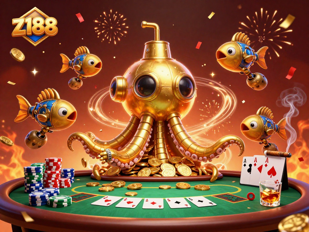 Experience thrilling gaming action with z188's golden kraken submarine amidst poker excitement and celebrations.