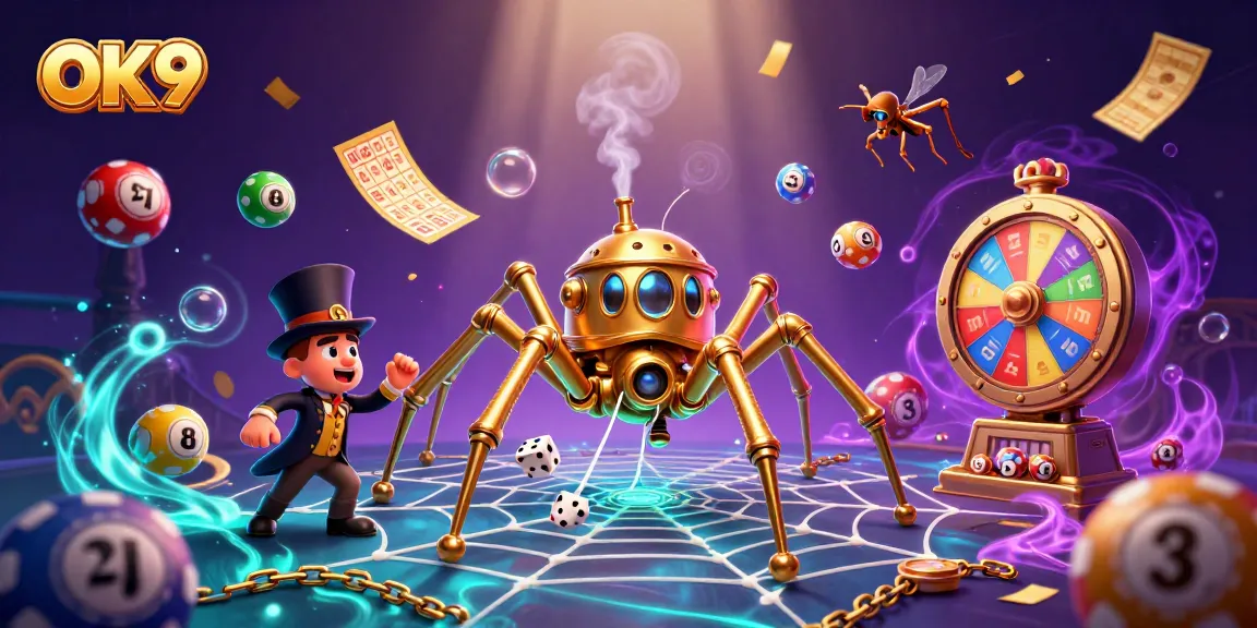 Catch thrilling wins at OK9 with a dynamic 3D scene featuring playful spiders and lottery elements.