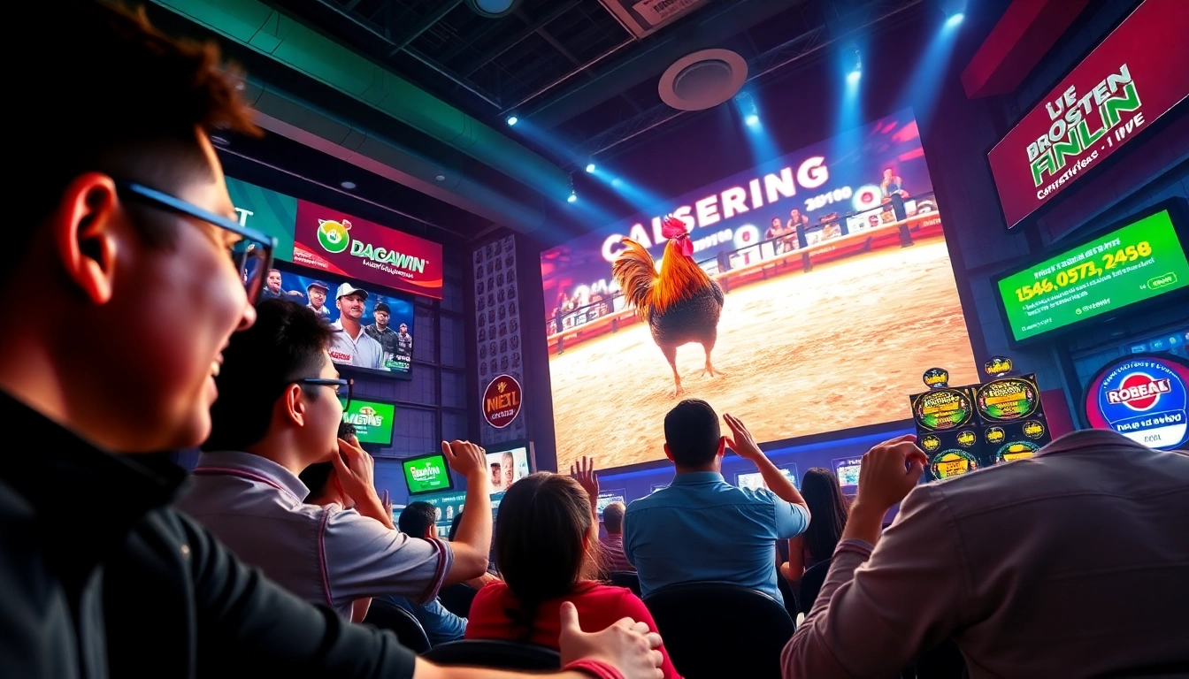Online betting excitement at dagawin.live with players enjoying live rooster fights and casino games.