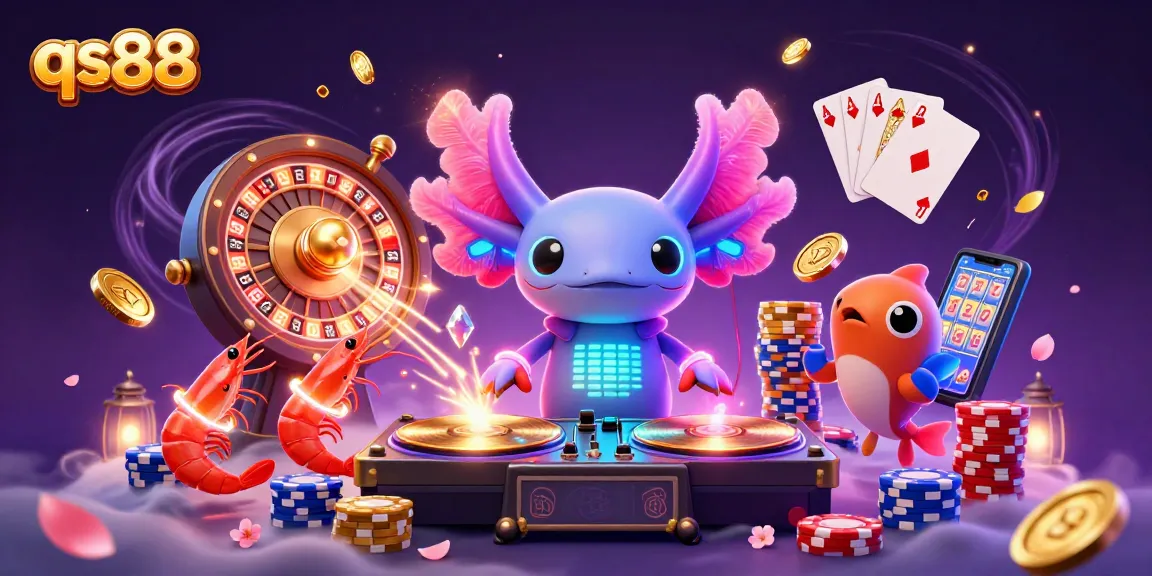 Experience the vibrant qs88 casino world with a DJ axolotl and lively sea creatures amidst sparkling gems and dynamic energy.