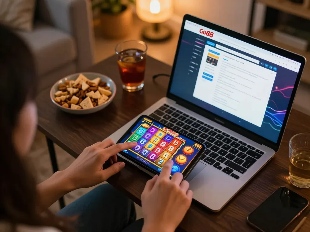 Engaging in Go88 mobile slot game with vibrant graphics and cozy home atmosphere