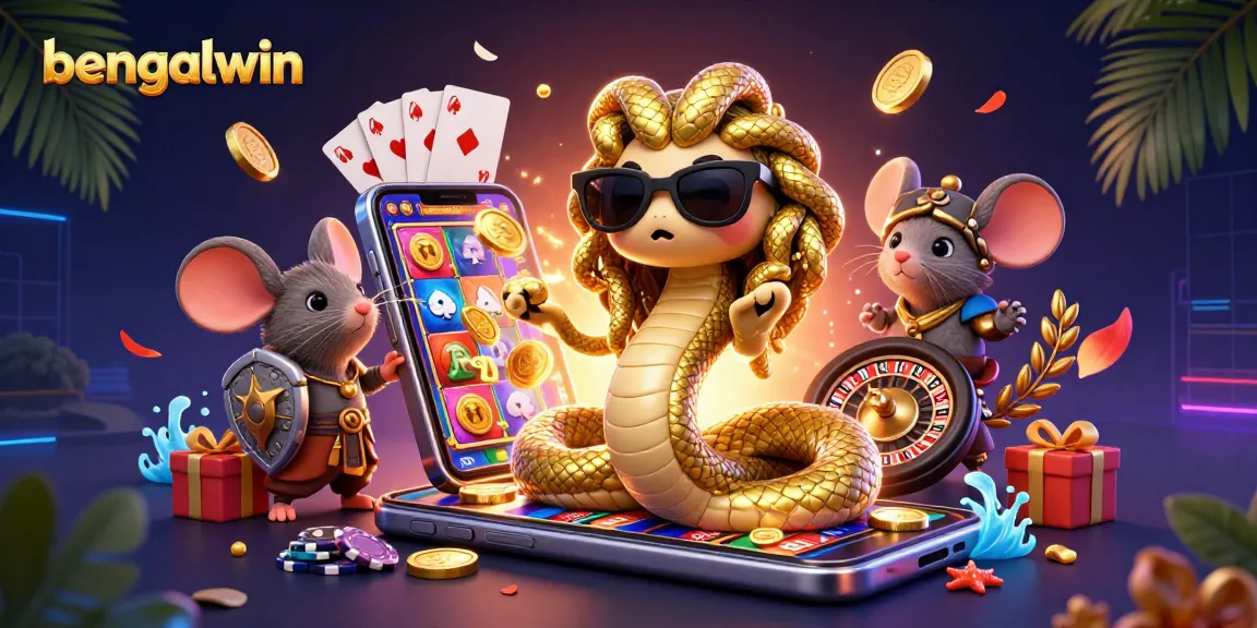 Bengalwin invites players to experience friendly casino adventures with Medusa and a mouse warrior amid vibrant gaming elements.
