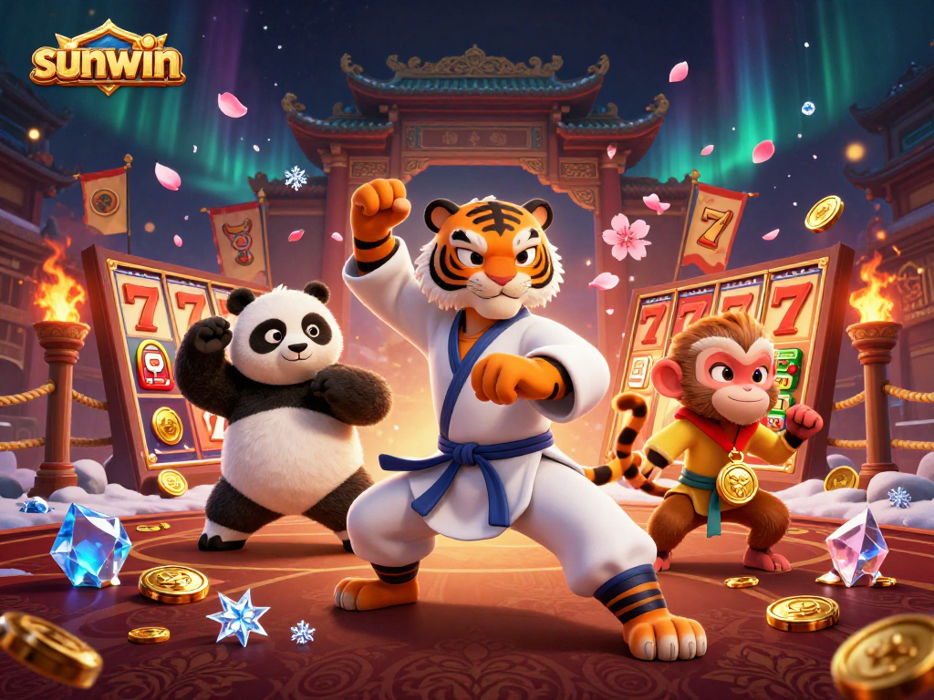 Engaging scene featuring sunwin with a kung fu tiger master and panda disciple surrounded by slot graphics.