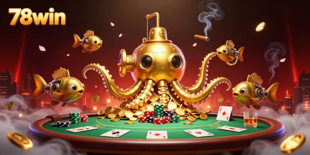 Experience thrilling gaming action with 78win's vibrant casino scene featuring a kraken and poker elements.
