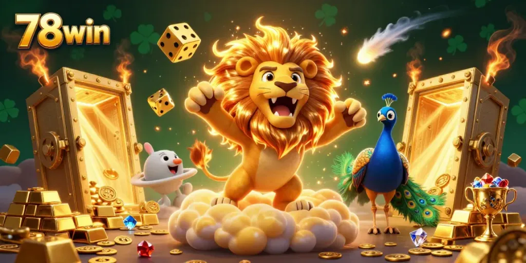The 78 win casino universe filled with golden treasures, casino elements, and vibrant characters showcasing excitement.