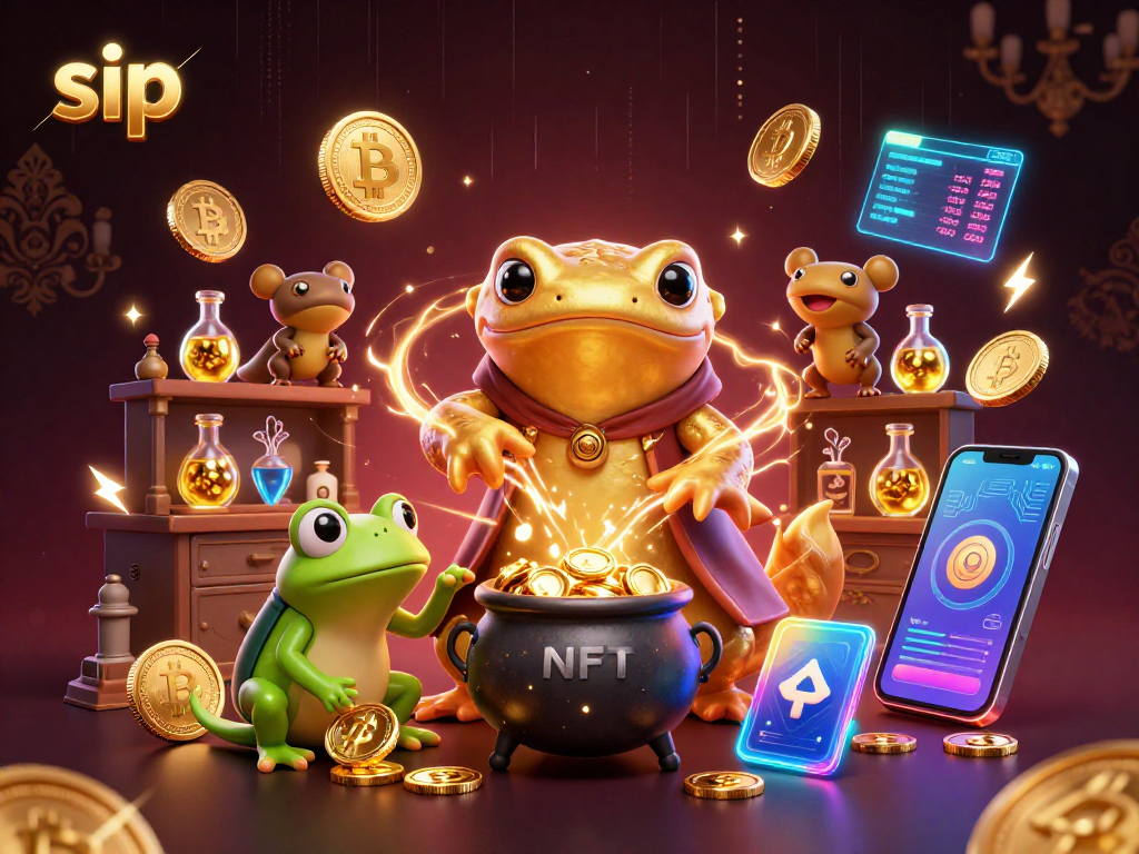 Engage with sip's dynamic crypto-themed casino scene featuring vibrant 3D characters and elements.