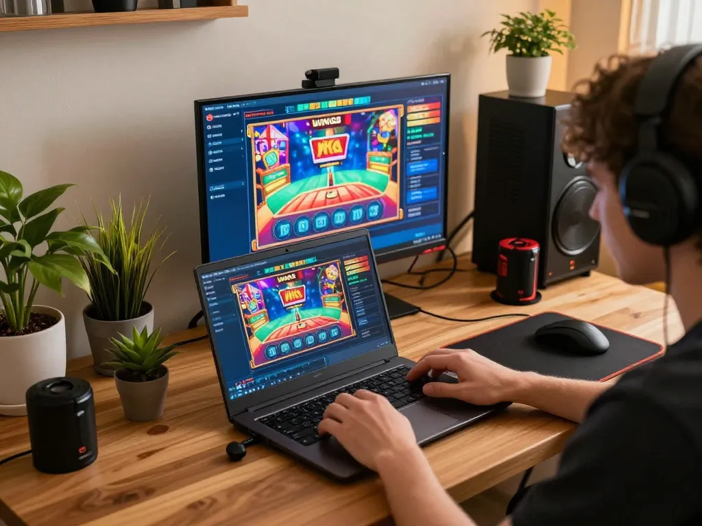 Engaging gameplay on win68, showcasing a player immersed in an online casino experience with vibrant game interfaces.