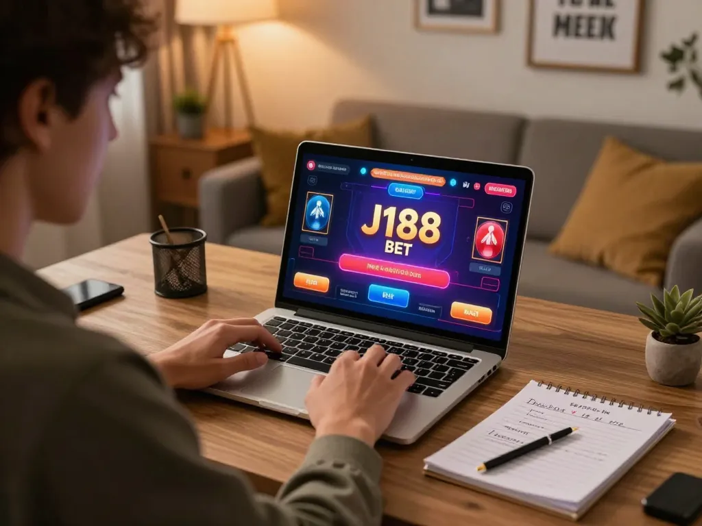 Engage in J188 bet gameplay on a laptop in a stylish home setting.