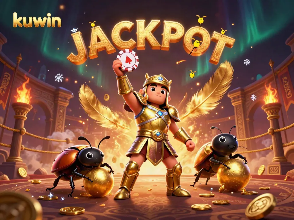 kuwin jackpot illustration with a victorious beetle and dynamic casino elements