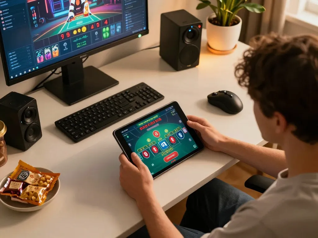 Person immersed in NET88 online baccarat gameplay on a tablet, showcasing responsible gaming in a cozy home environment.