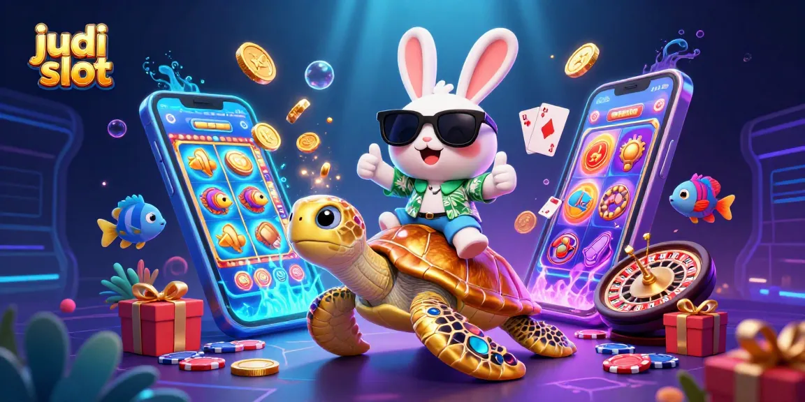Spin the wheels of judi slot with a lucky rabbit and golden turtle in a vibrant underwater casino scene.