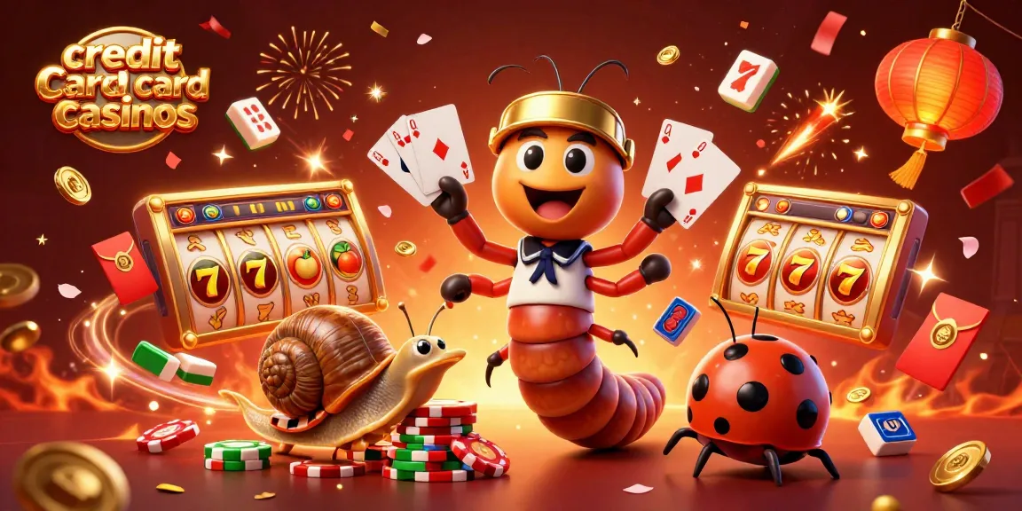 Experience thrilling gameplay at credit card casinos with a dynamic 3D illustration of vibrant characters and casino elements.