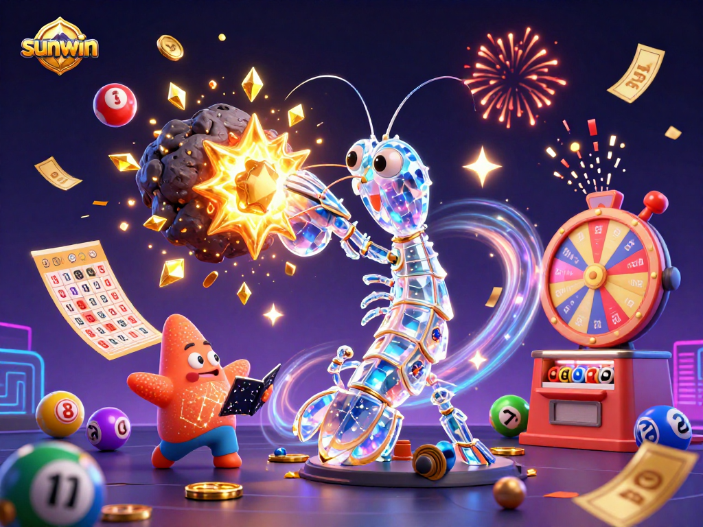 sunwin brings excitement as a galactic mantis shrimp smashes through asteroids showering gems, surrounded by vibrant gaming elements.