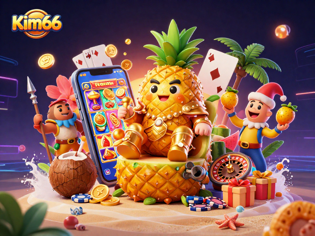 Experience thrilling gaming actions at Kim66 with a vibrant scene featuring a golden pineapple king, gaming elements, and tropical flair.
