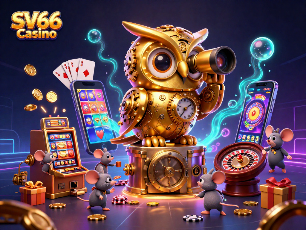 Experience the thrill of SV66 Casino with a dynamic 3D scene featuring a golden owl, slot games, and winning elements.