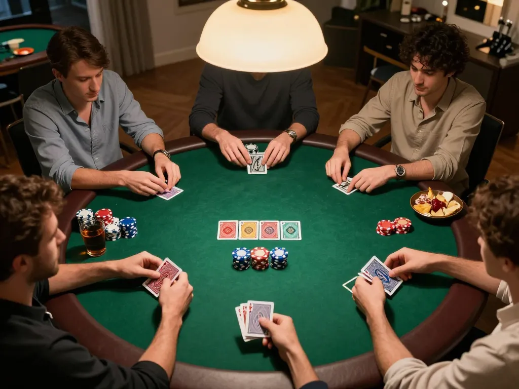 Engaged players strategizing their poker hands at nk88 home game night.