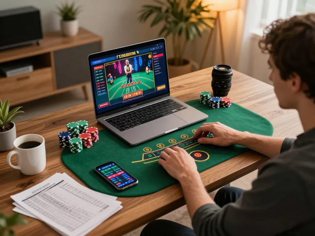 Engaging with online gambling strategy at home, featuring ve88-themed live dealer game interface and bankroll management tools.