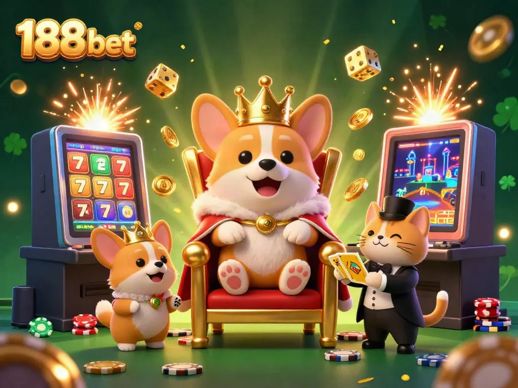 Experience the excitement of 188 bet with a royal corgi king in a lavish casino setting, surrounded by treasures.