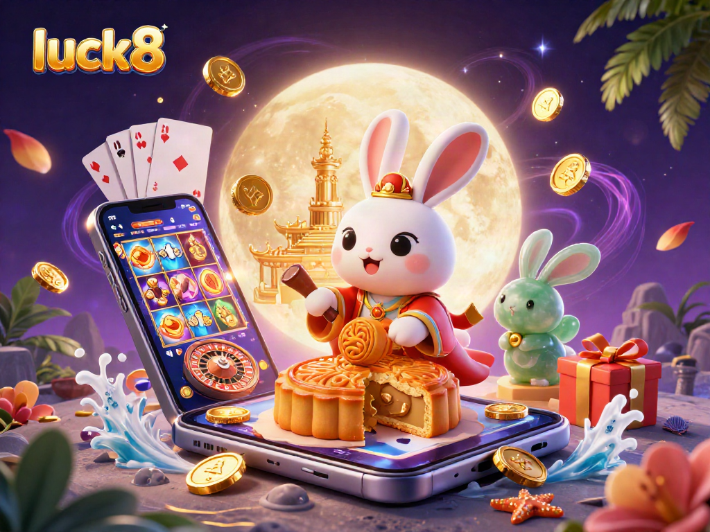Luck8-themed illustration showcasing a moon rabbit, poker chips, and vibrant casino elements.