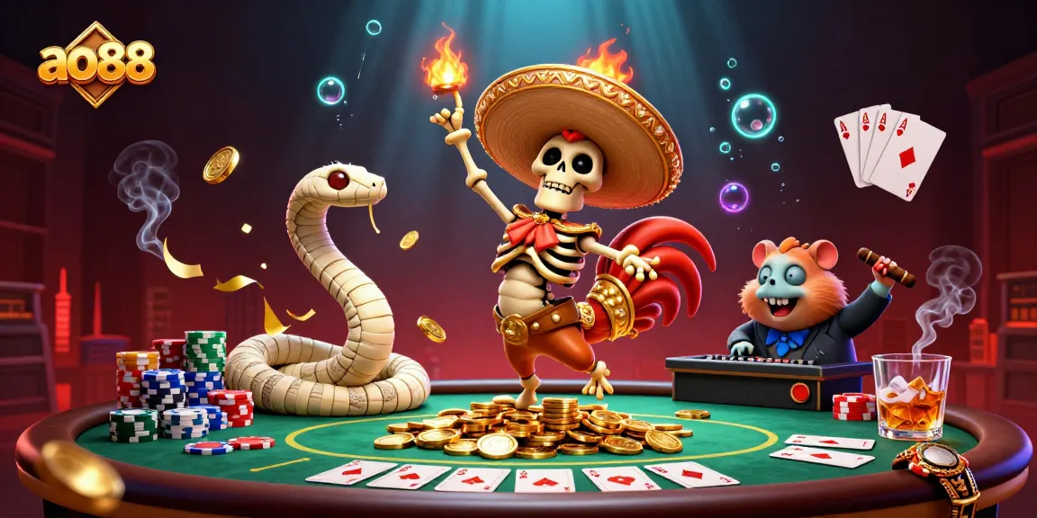 Experience the thrill of ao88 casino with a lively dance of fortune around poker tables and vibrant characters.